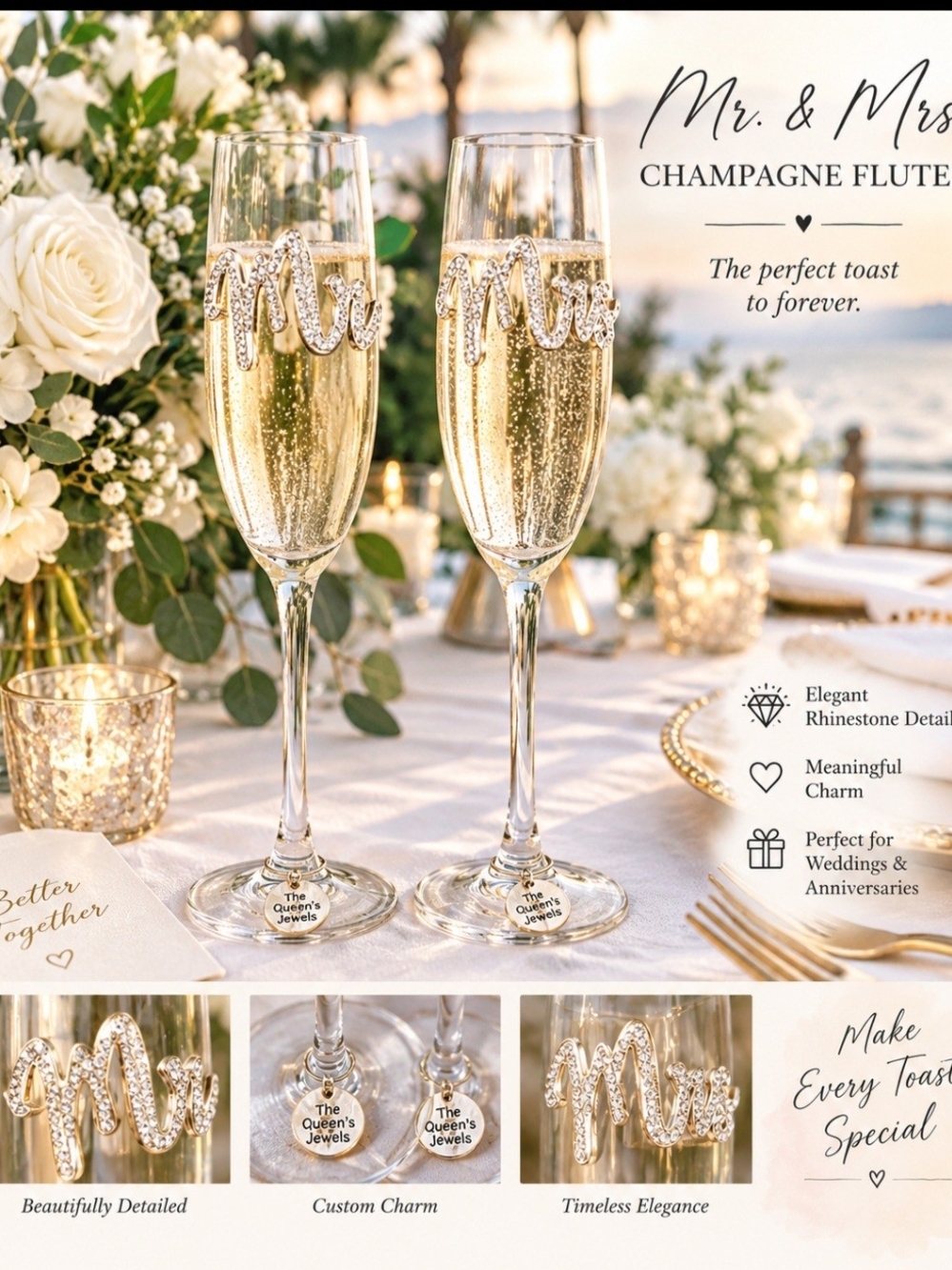 Mr. & Mrs. Champagne Flutes with Rhinestone Charms - Gold